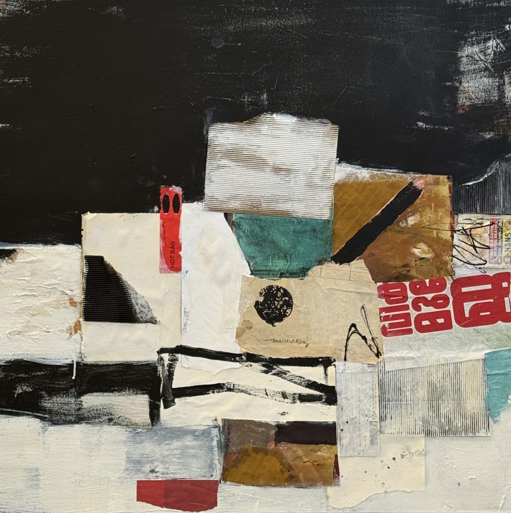 Field Fragments with Red Script_36 X 36_mixed media on canvas